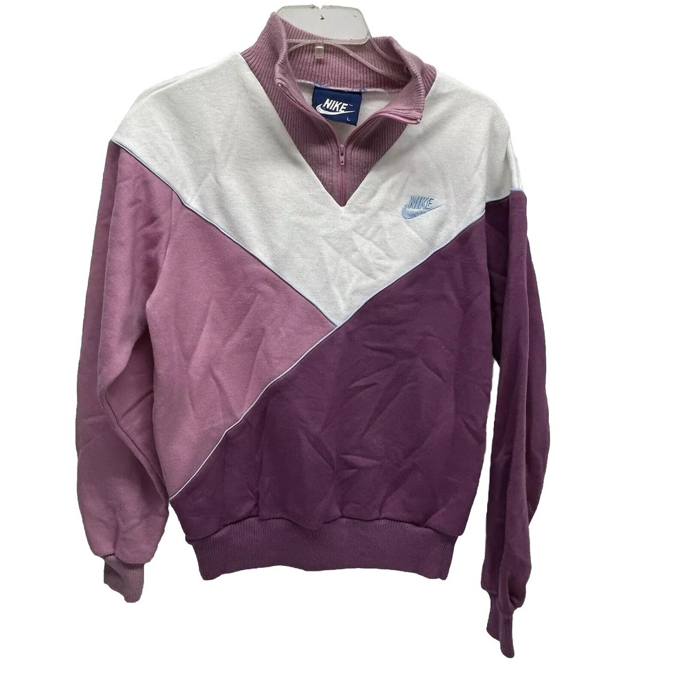 Vintage 80's Nike Women's Large Pink White 1/4 Zip Pullover Sweater (H4)